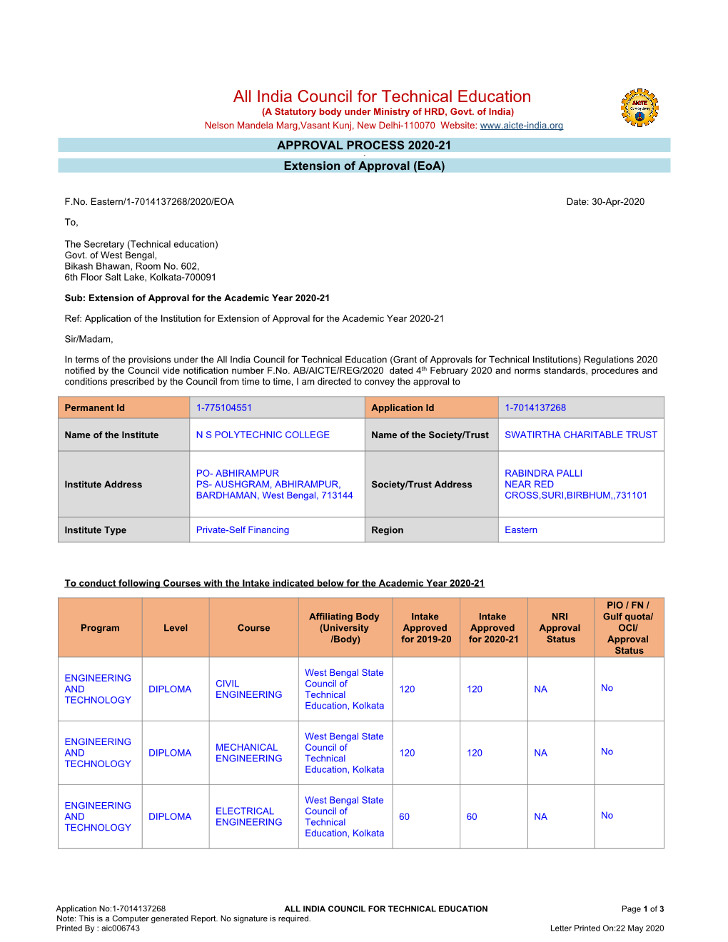 India Council for Technical Education (A Statutory Body Under Ministry of HRD, Govt