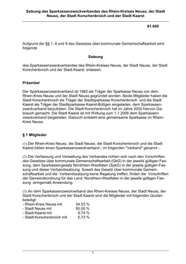 Satzung Des Sparkassenzweckverbandes Des Rhein-Kreises Neuss, Der Stadt Neuss, Der Stadt Korschenbroich Und Der Stadt Kaarst