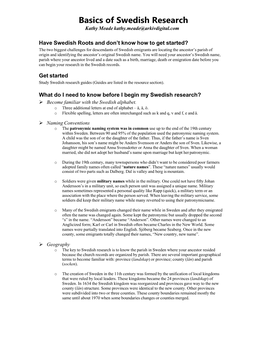 Basics of Swedish Research Kathy Meade Kathy.Meade@Arkivdigital.Com