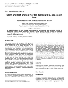 Stem and Leaf Anatomy of Ten Geranium L. Species in Iran