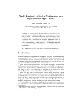 Weyl's Predicative Classical Mathematics As a Logic-Enriched