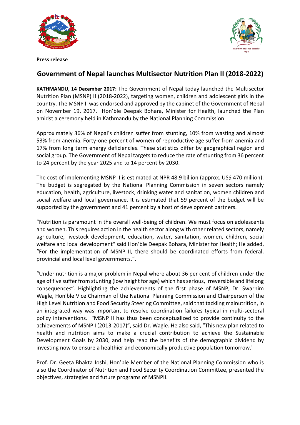 Government of Nepal Launches Multisector Nutrition Plan II (2018-2022)