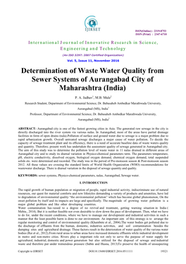 Determination of Waste Water Quality from Sewer Systems of Aurangabad City of Maharashtra (India)