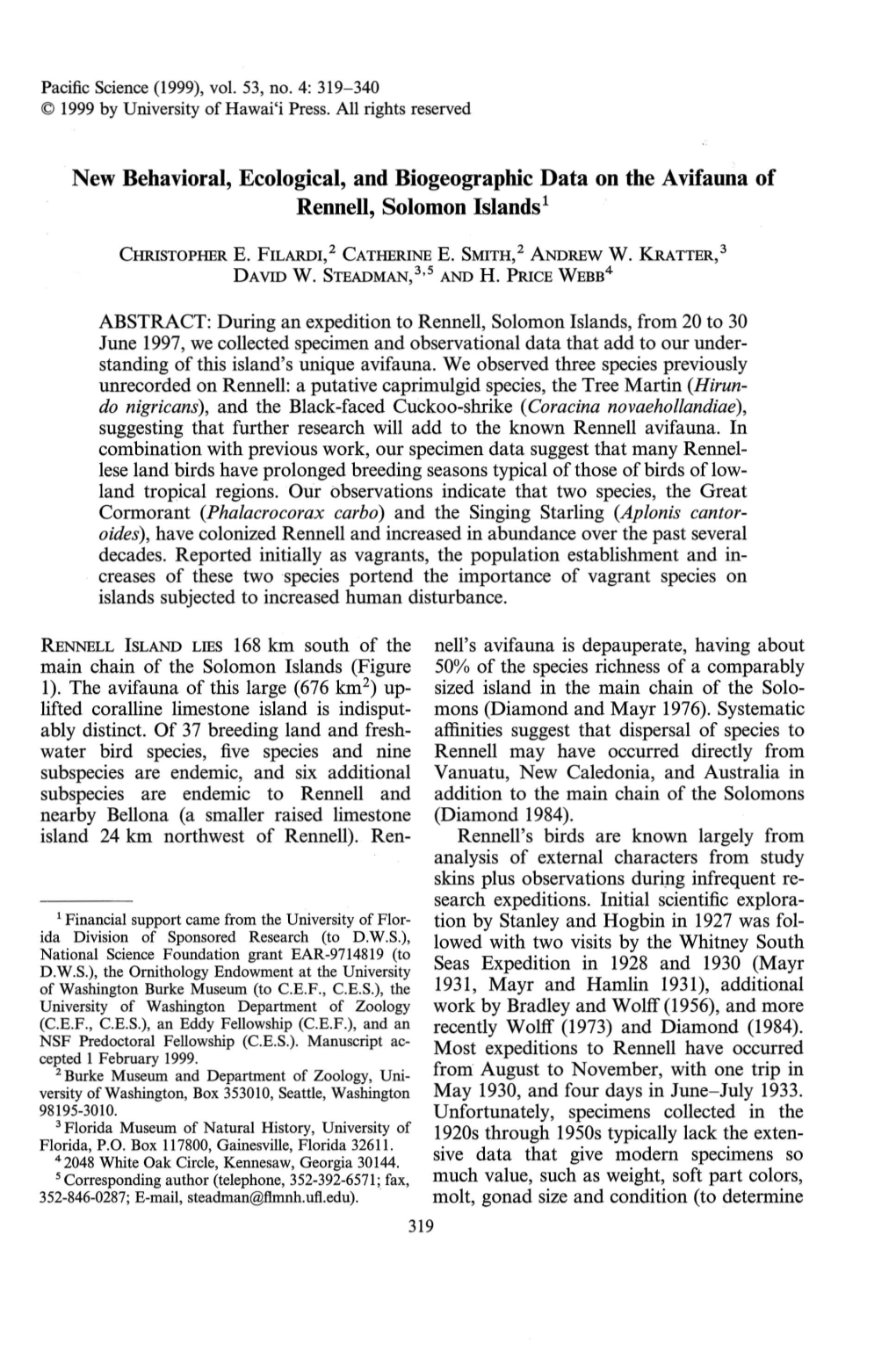 New Behavioral, Ecological, and Biogeographic Data on the Avifauna of Rennell, Solomon Islands 1