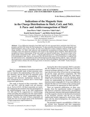 Indications of the Magnetic State in the Charge Distributions in Mno, Coo, and Nio. I: Para- and Antiferromagnetism of Mno1