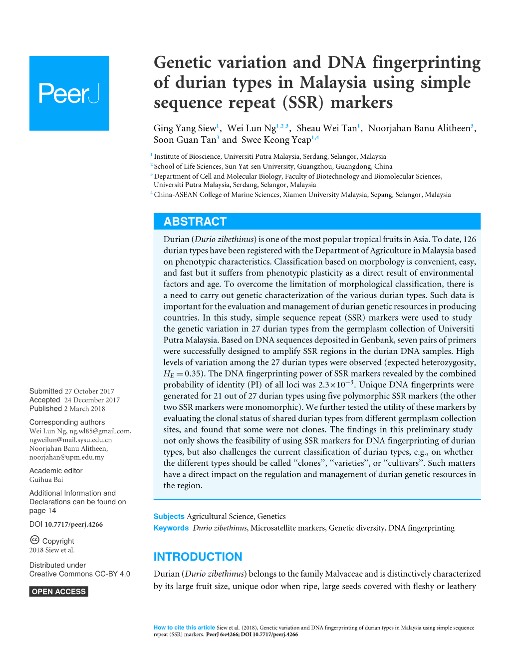 Genetic Variation and DNA Fingerprinting of Durian Types in Malaysia Using Simple Sequence Repeat (SSR) Markers