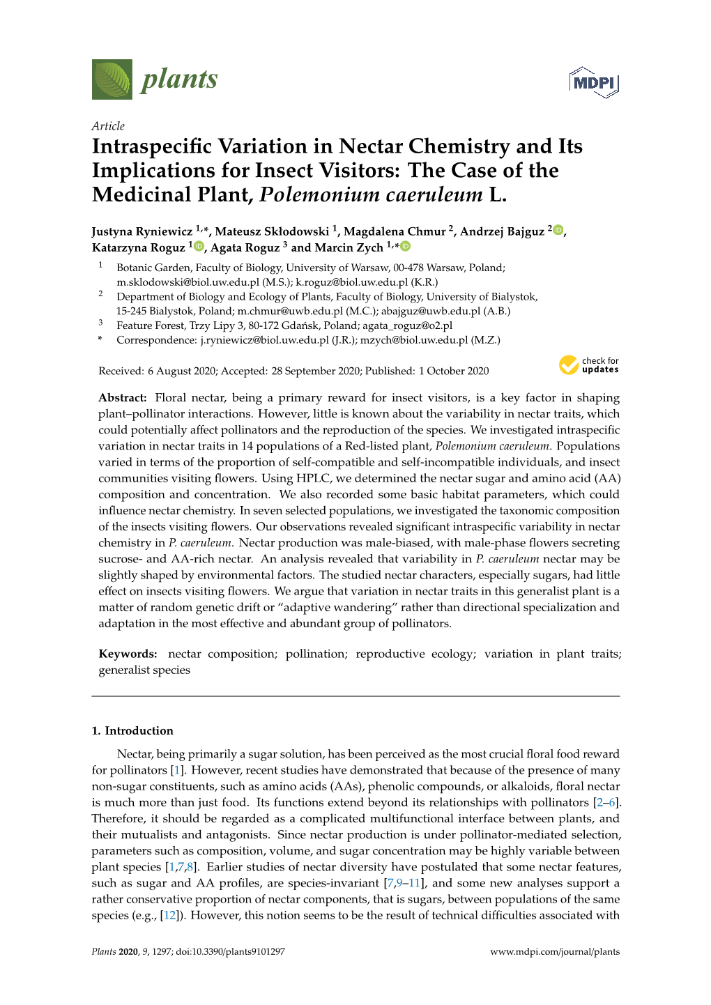 Intraspecific Variation in Nectar Chemistry and Its Implications For