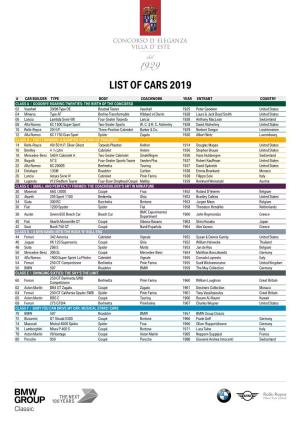 List of Cars 2019