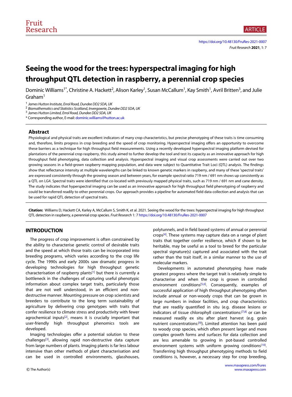 Hyperspectral Imaging for High Throughput QTL Detection in Raspberry, a Perennial Crop Species Dominic Williams1*, Christine A