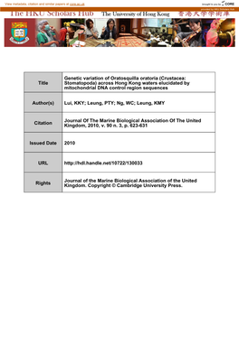 Genetic Variation of Oratosquilla Oratoria (Crustacea: Title Stomatopoda) Across Hong Kong Waters Elucidated by Mitochondrial DNA Control Region Sequences