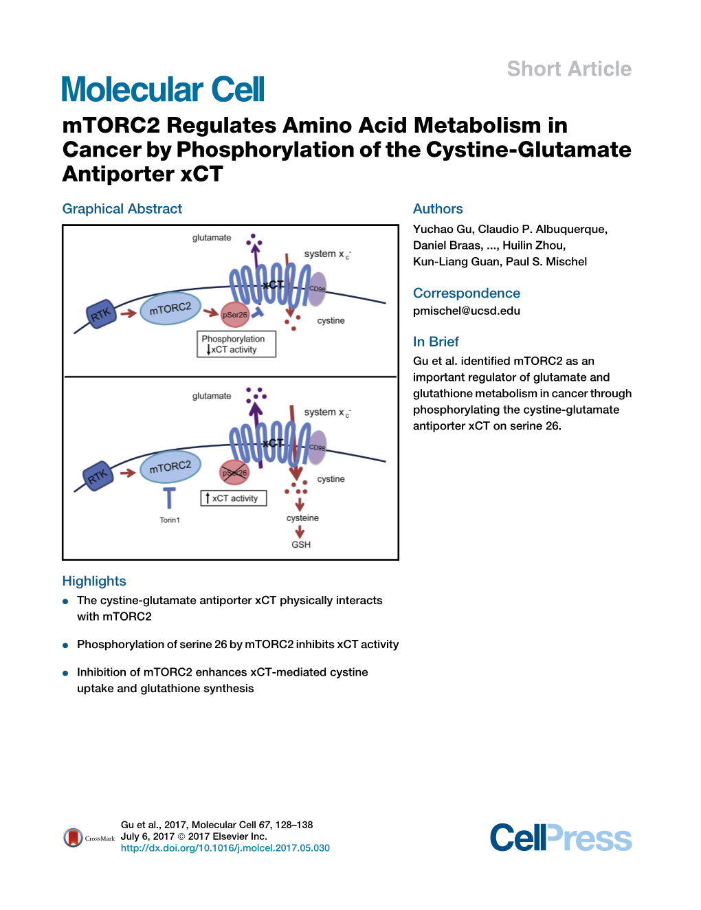 Mtorc2 Regulates Amino Acid Metabolism in Cancer by Phosphorylation of the Cystine-Glutamate Antiporter Xct