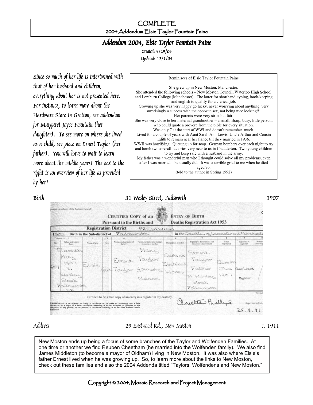 2004 Addendum Elsie Taylor Fountain Pain