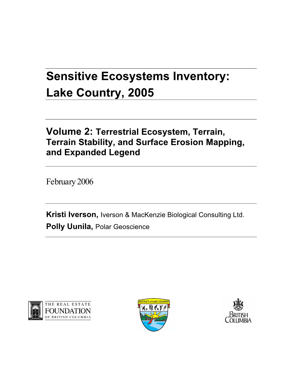 Sensitive Ecosystems Inventory: Lake Country, 2005