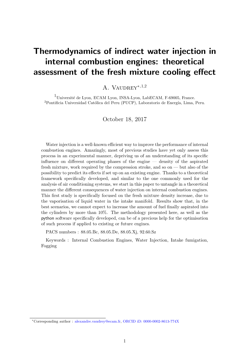 Thermodynamics of Indirect Water Injection in Internal Combustion Engines: Theoretical Assessment of the Fresh Mixture Cooling Eﬀect