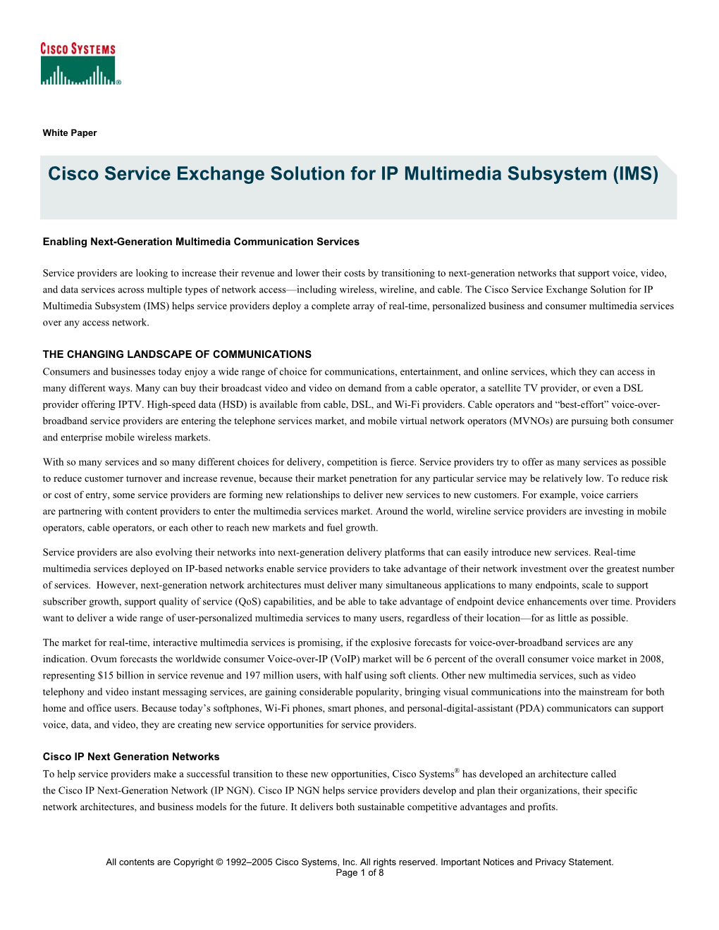 Cisco Service Exchange Solution for IP Multimedia Subsystem (IMS)