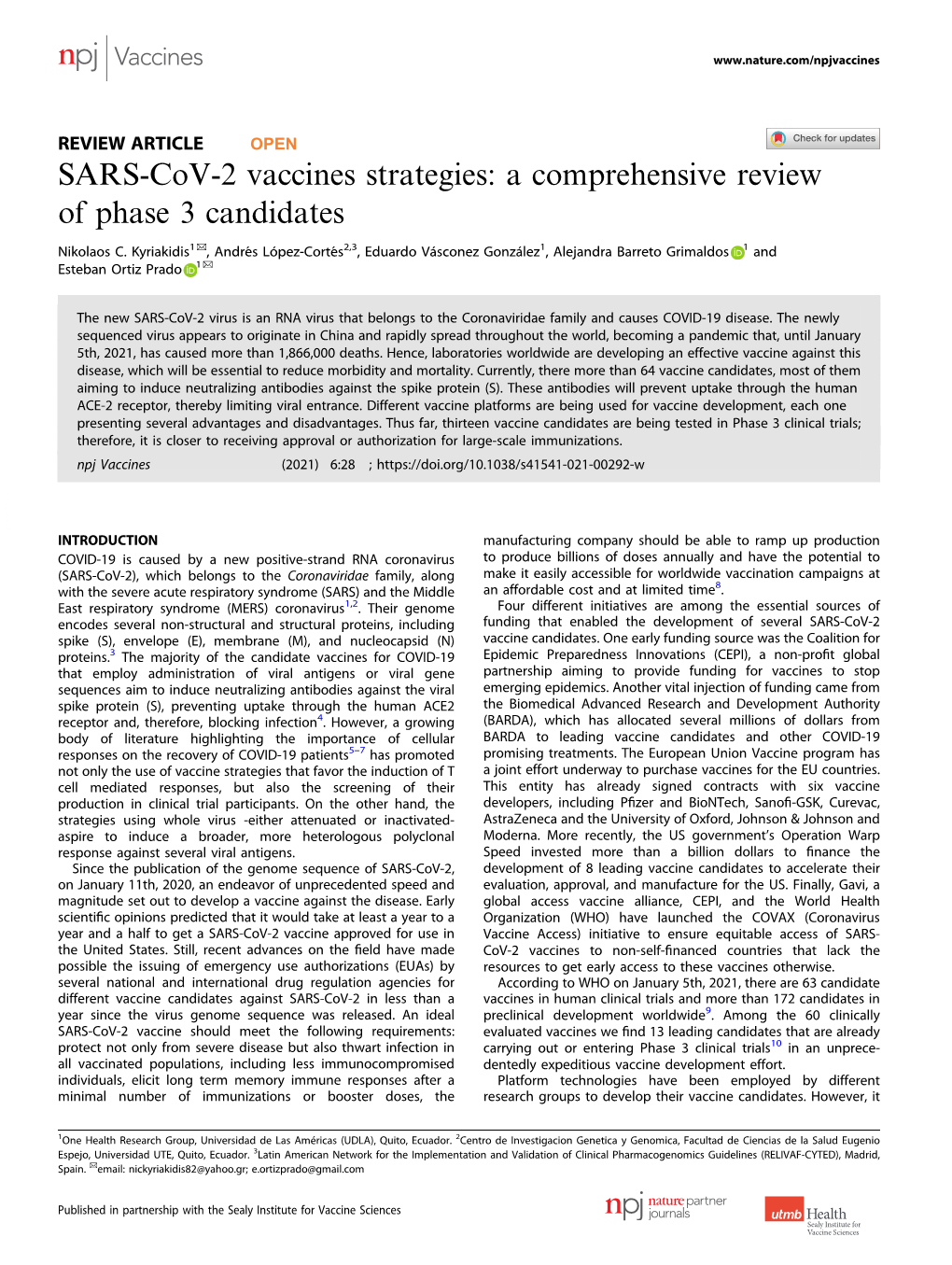 SARS-Cov-2 Vaccines Strategies: a Comprehensive Review of Phase 3 Candidates ✉ Nikolaos C