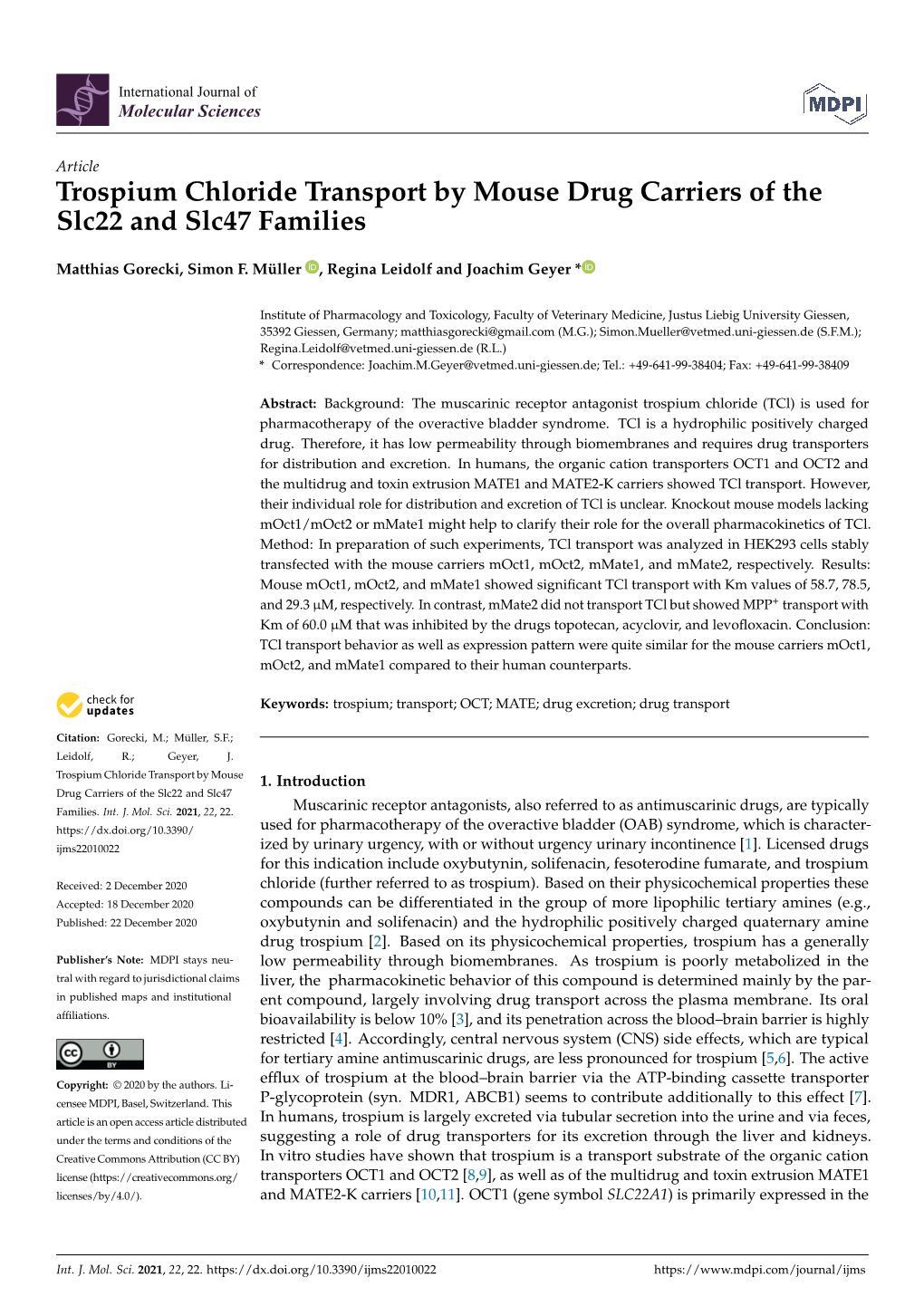 Trospium Chloride Transport by Mouse Drug Carriers of the Slc22 and Slc47 Families