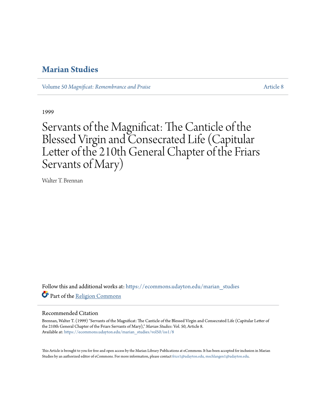 The Canticle of the Blessed Virgin and Consecrated Life (Capitular Letter