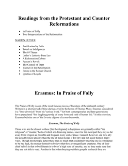 Readings from the Protestant and Counter Reformations Erasmus