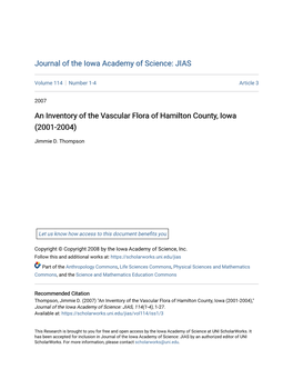 An Inventory of the Vascular Flora of Hamilton County, Iowa (2001-2004)