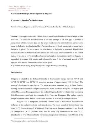 Checklist of the Larger Basidiomycetes in Bulgaria Cvetomir M. Denchev