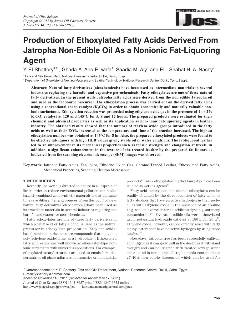 Production of Ethoxylated Fatty Acids Derived from Jatropha Non-Edible Oil As a Nonionic Fat-Liquoring Agent Y