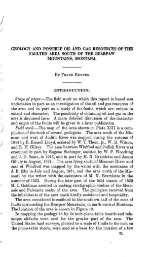 Geology and Possible Oil and Gas Resources of the Faulted Area South of the Bearpaw Mountains, Montana