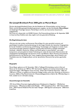 Pressemitteilung Joseph-Breitbach-Preis 2008