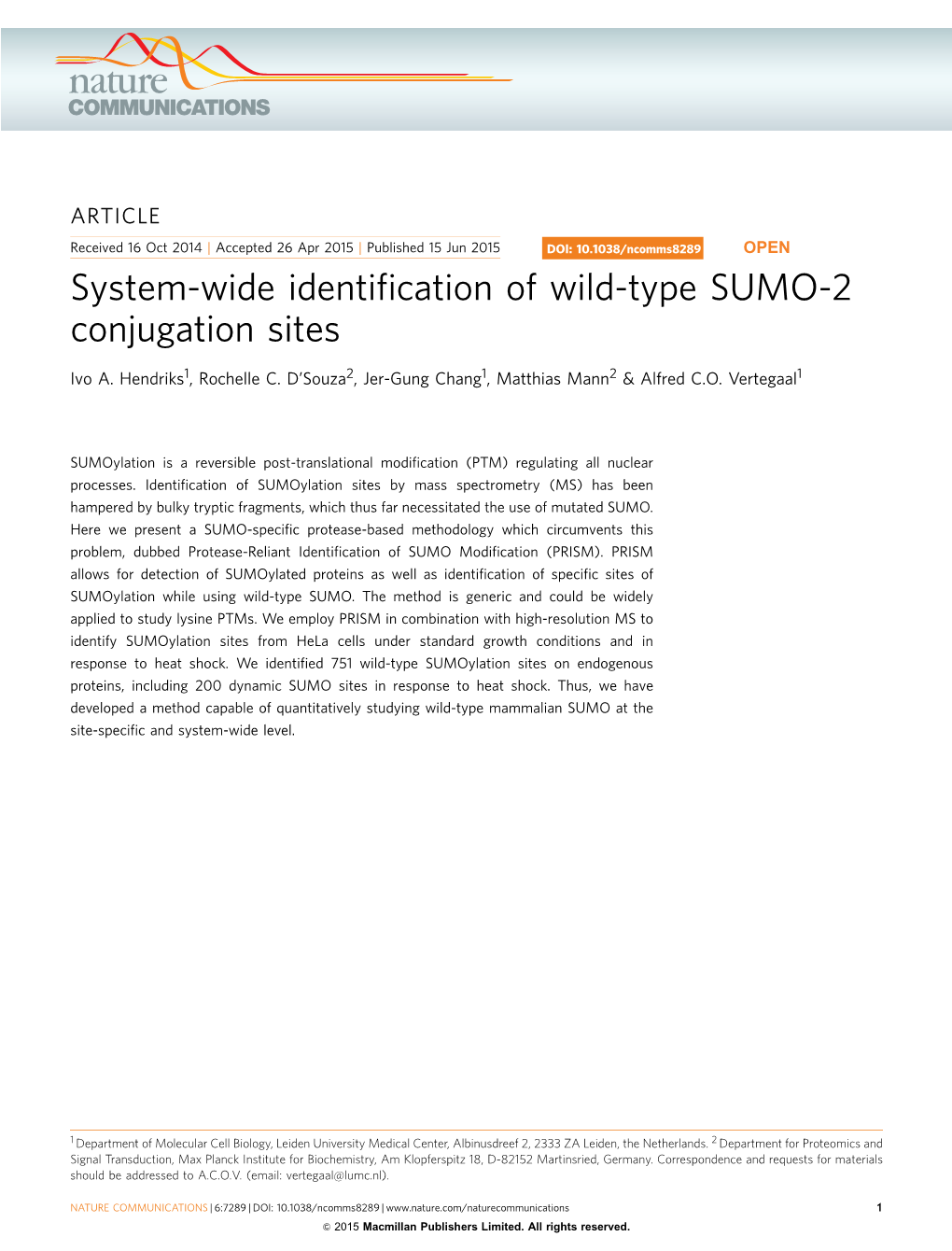 System-Wide Identification of Wild-Type SUMO-2 Conjugation Sites