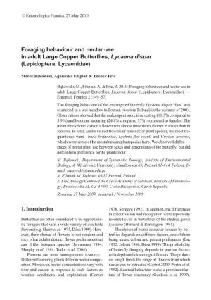 Foraging Behaviour and Nectar Use in Adult Large Copper Butterflies, Lycaena Dispar (Lepidoptera: Lycaenidae)