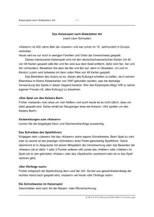 Das Kaiserspiel Nach Nidwaldner Art (Nach Léon Schnyder) «Kaisern» Ist 400 Jahre Älter Als «Jassen« Und War Schon Im 15. J