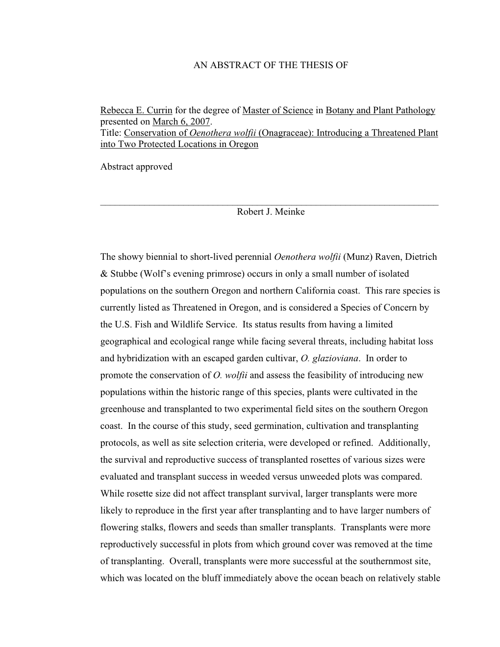 AN ABSTRACT of the THESIS of Rebecca E. Currin for the Degree Of