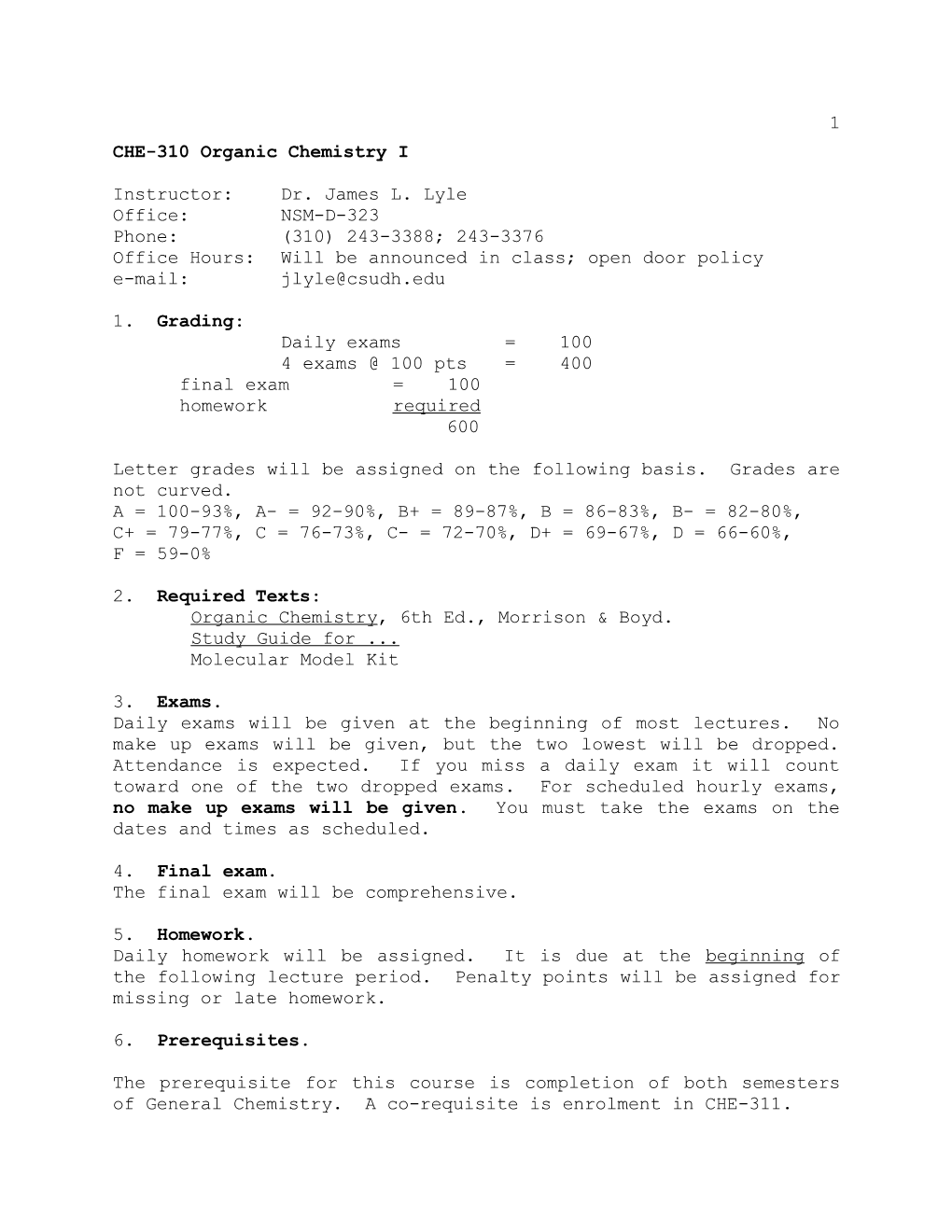 CHE-310 Organic Chemistry I