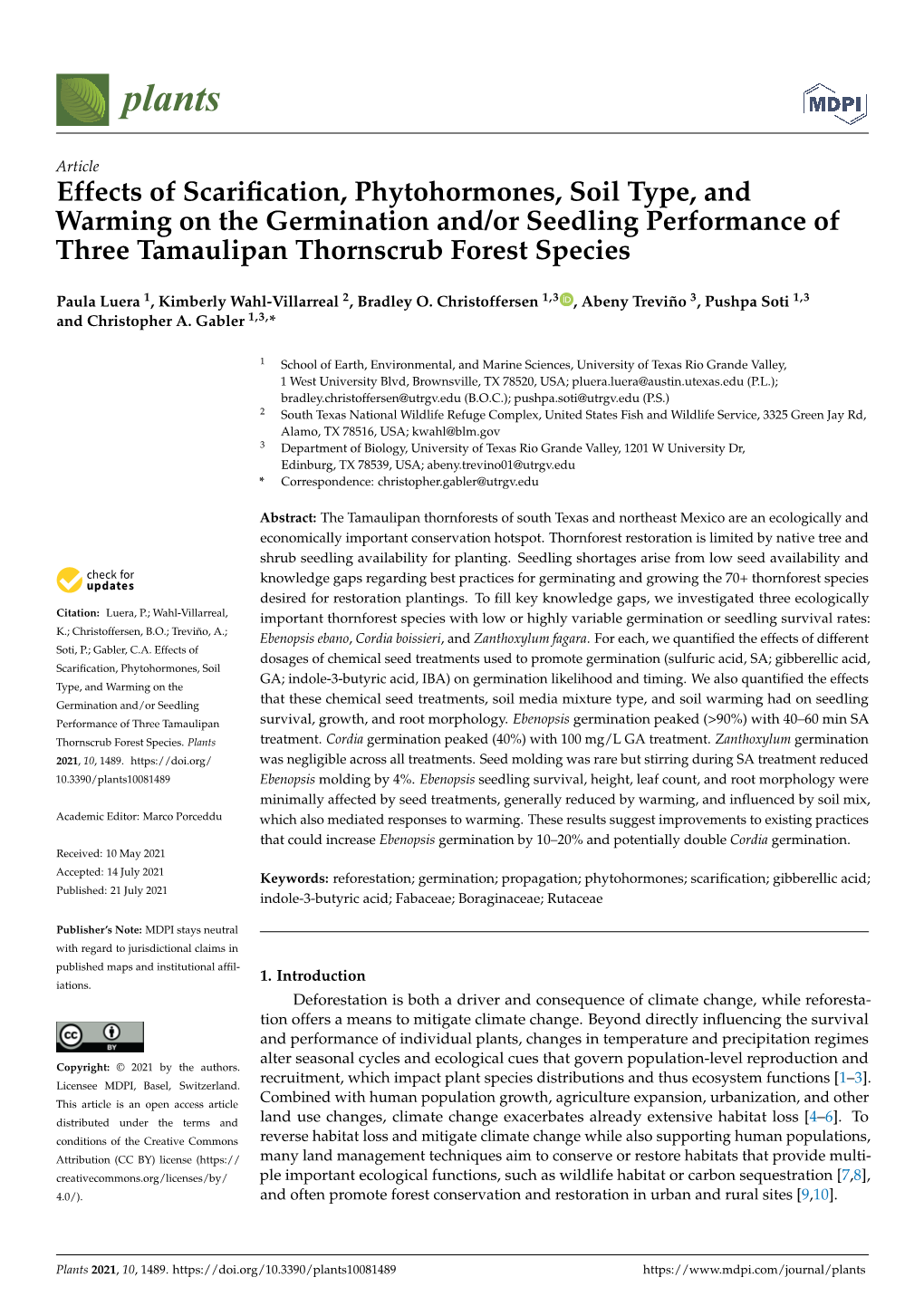 Effects of Scarification, Phytohormones, Soil Type, and Warming on the Germination And/Or Seedling Performance of Three Tamaulip