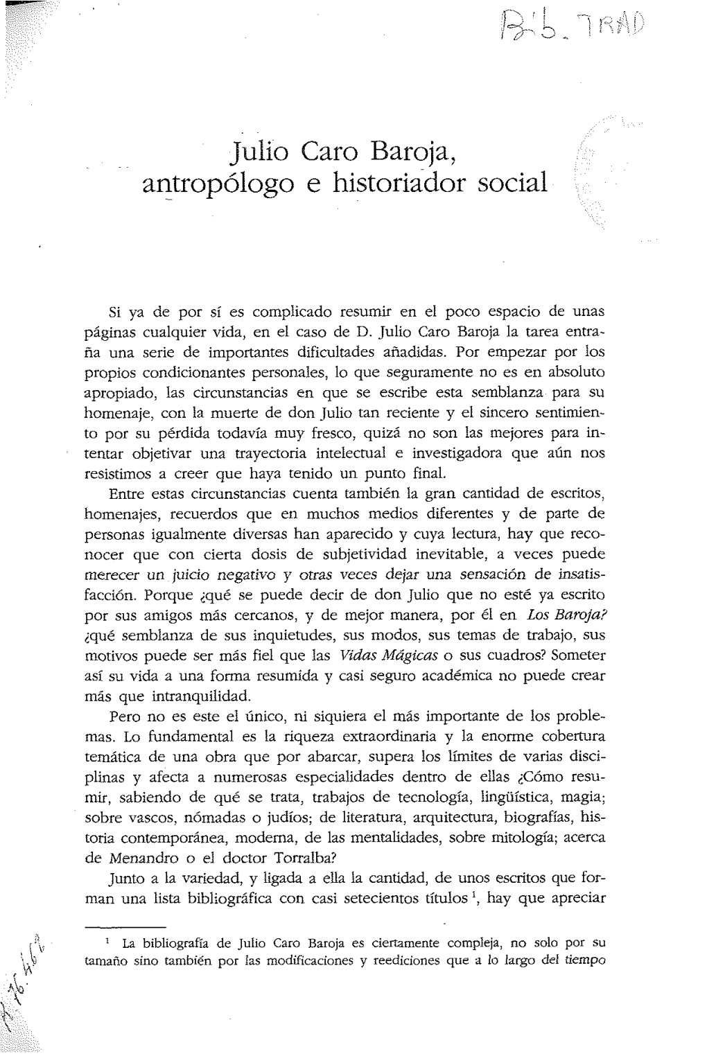 Julio Caro Baroja, Antropólogo E Historiador Social