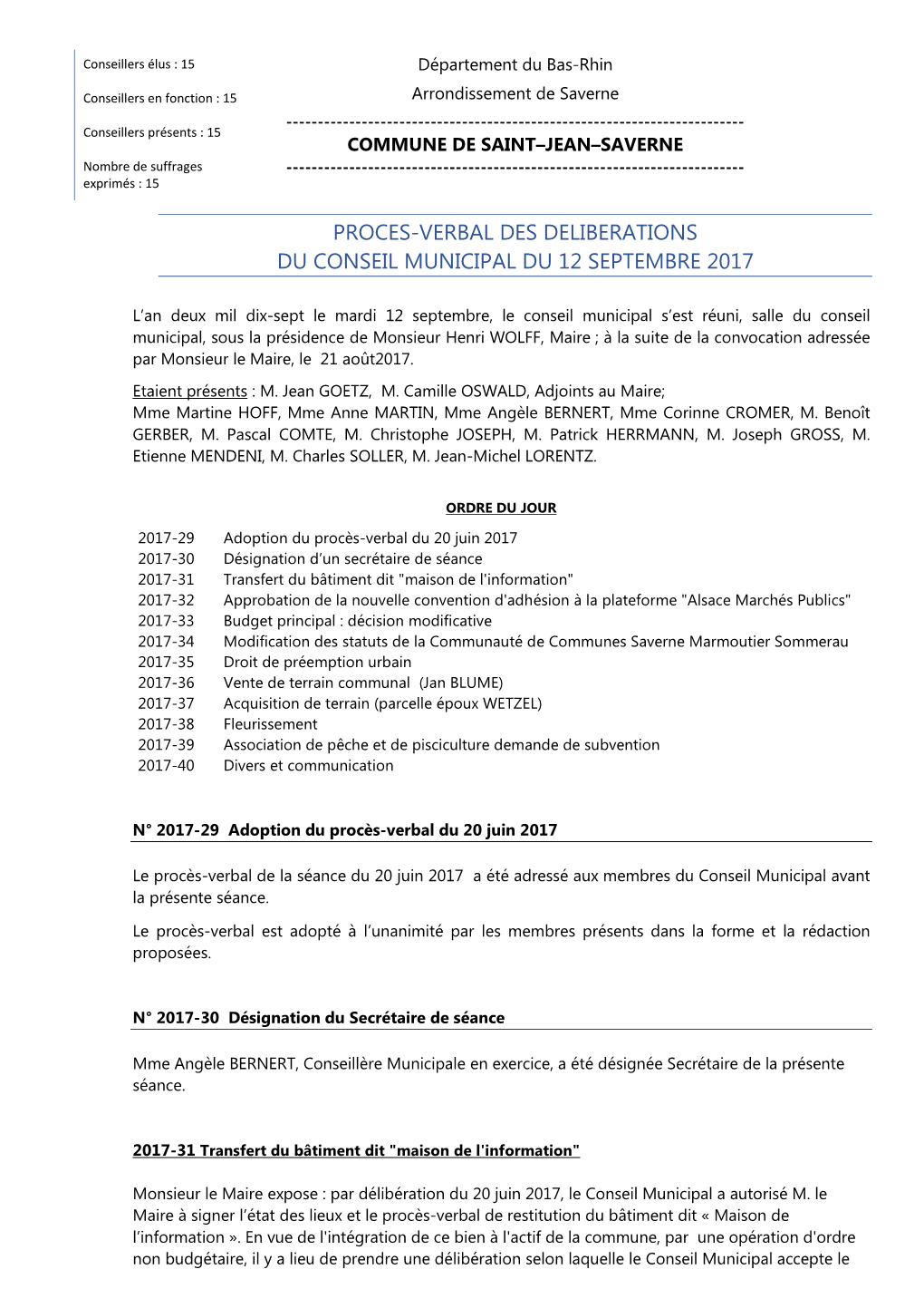 Proces-Verbal Des Deliberations Du Conseil Municipal Du 12 Septembre 2017