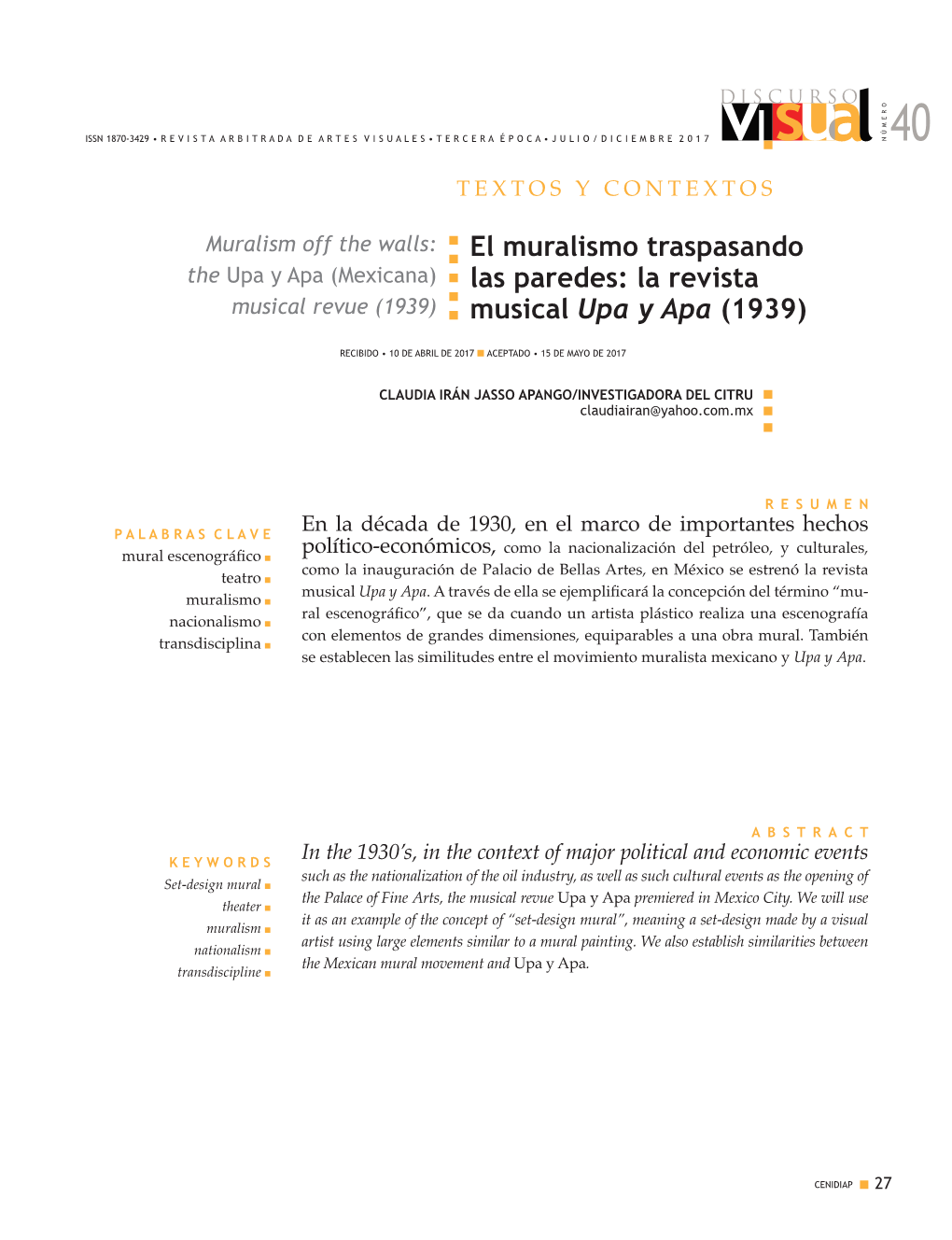 El Muralismo Traspasando Las Paredes: La Revista Musical Upa Y Apa (1939) Textos Y Claudia Irán Jasso Apango Contextos