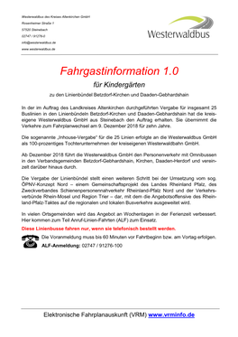 Fahrgastinformation 1.0 Für Kindergärten Zu Den Linienbündel Betzdorf-Kirchen Und Daaden-Gebhardshain
