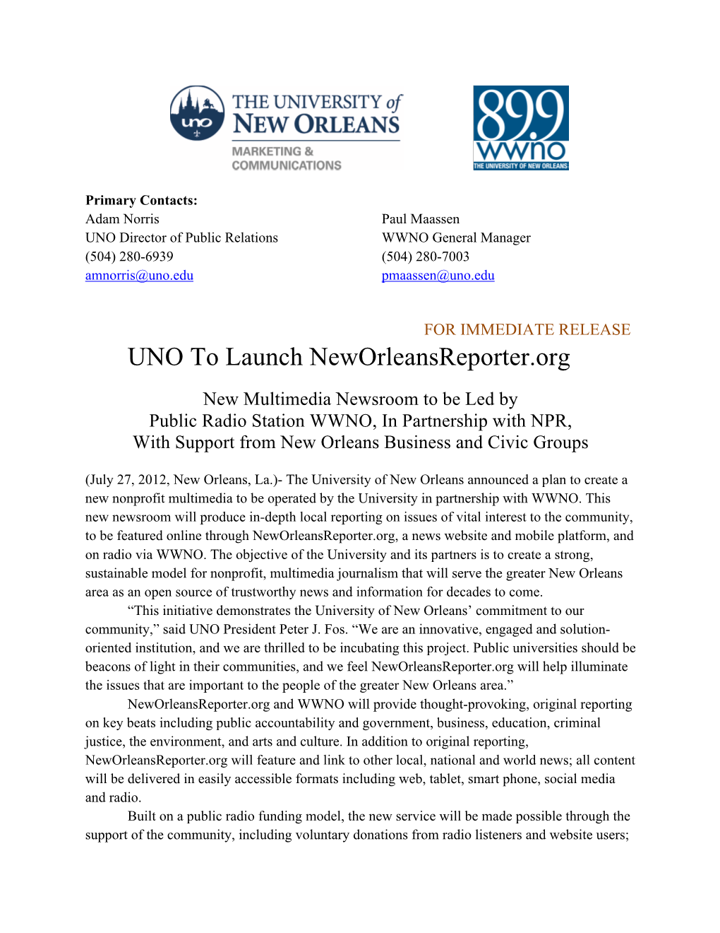 UNO to Launch Neworleansreporter.Org