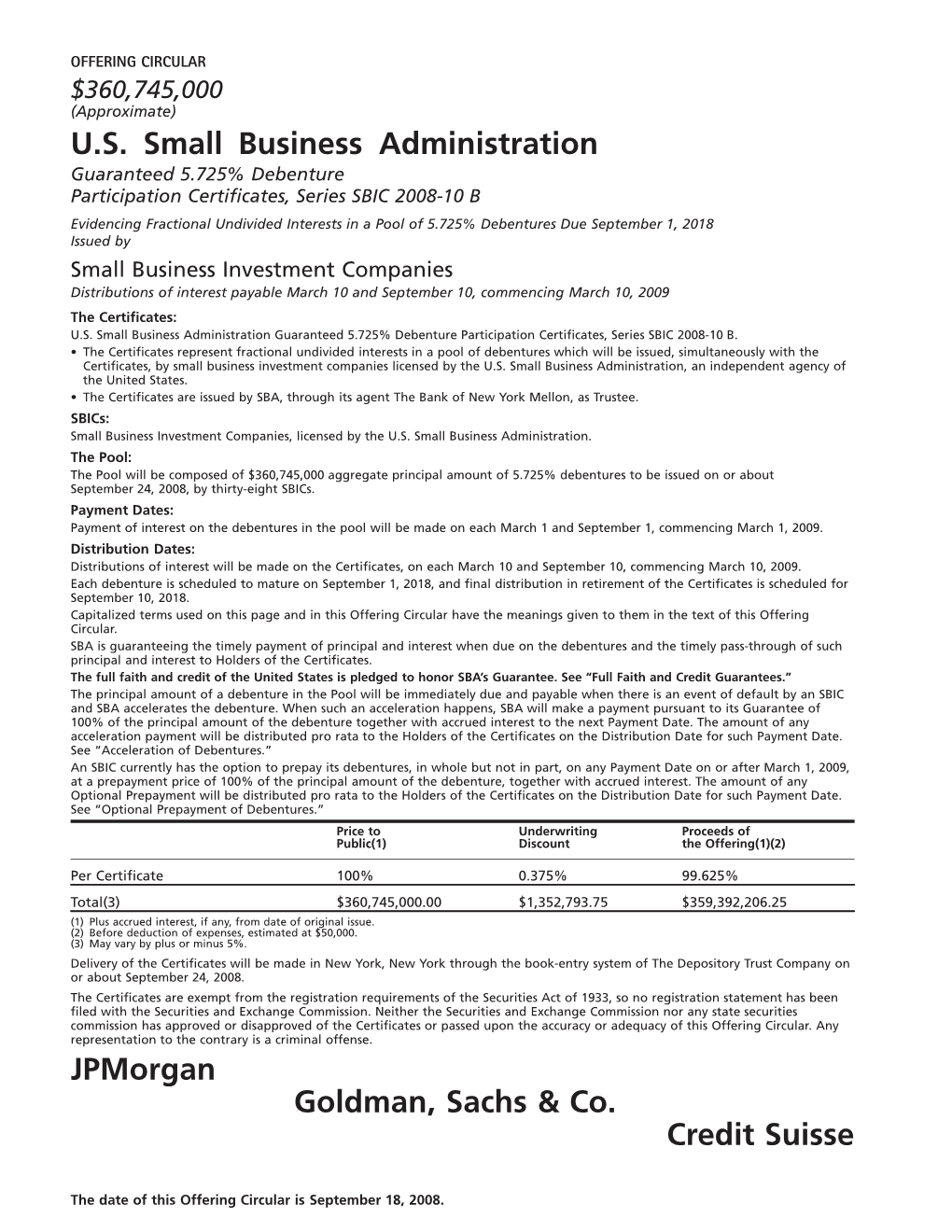 U.S. Small Business Administration Jpmorgan Goldman, Sachs & Co