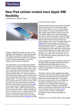 New Ipad Cellular Models Have Apple SIM Flexibility 19 October 2014, by Nancy Owano