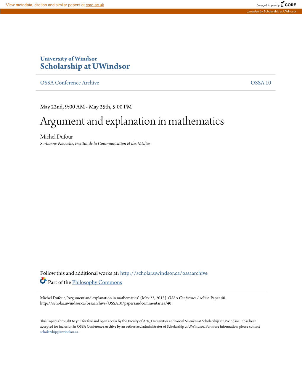 Argument and Explanation in Mathematics Michel Dufour Sorbonne-Nouvelle, Institut De La Communication Et Des Médias