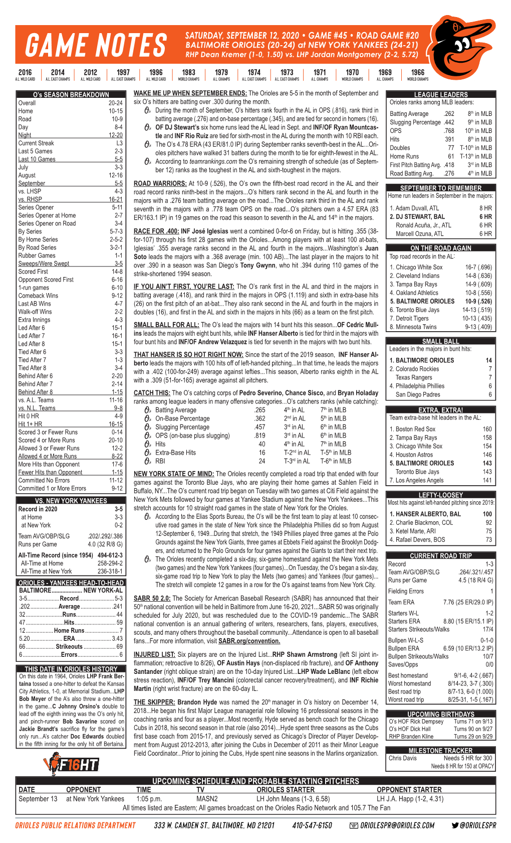 SATURDAY, SEPTEMBER 12, 2020 • GAME #45 • ROAD GAME #20 BALTIMORE ORIOLES (20-24) at NEW YORK YANKEES (24-21) RHP Dean Kremer (1-0, 1.50) Vs