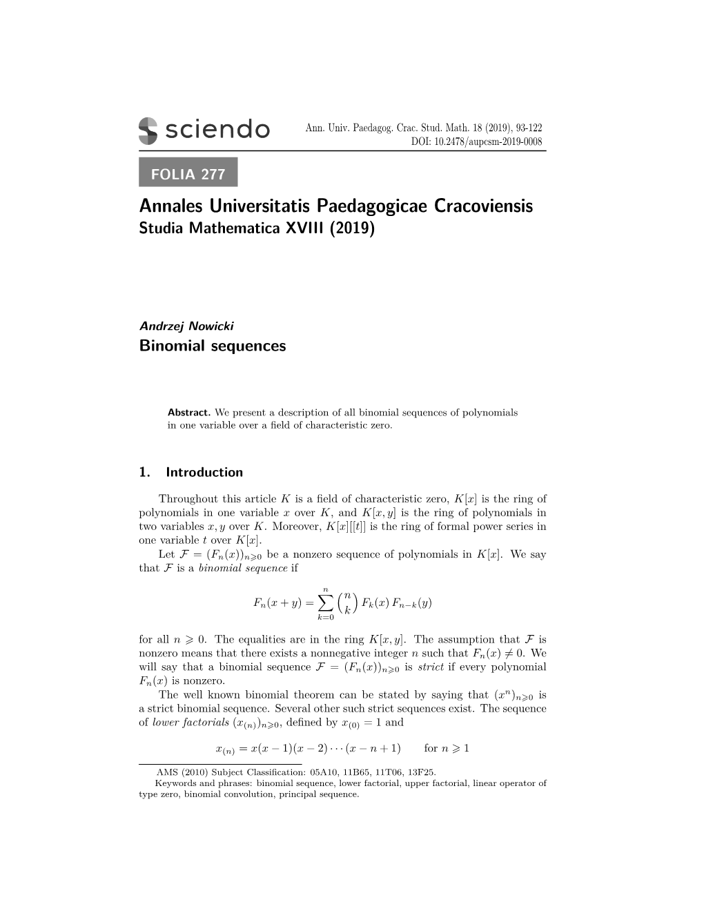 Annales Universitatis Paedagogicae Cracoviensis Studia Mathematica XVIII (2019)
