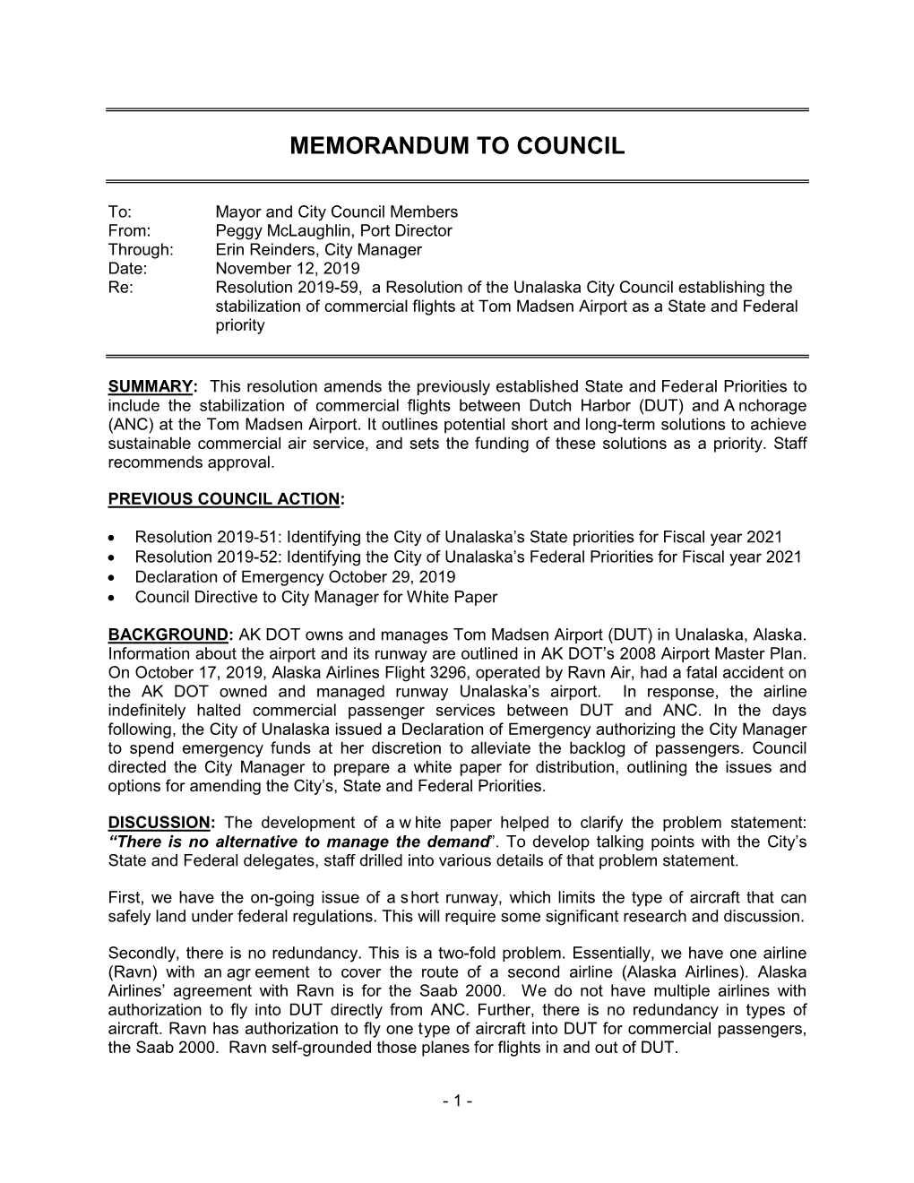 City Manager Memo to Council