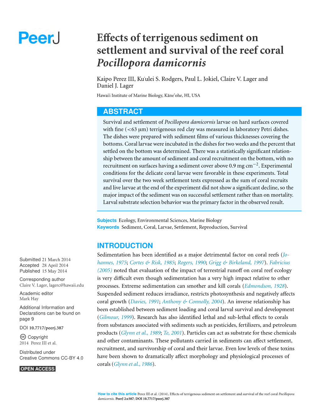 Effects of Terrigenous Sediment on Settlement and Survival of the Reef Coral Pocillopora Damicornis