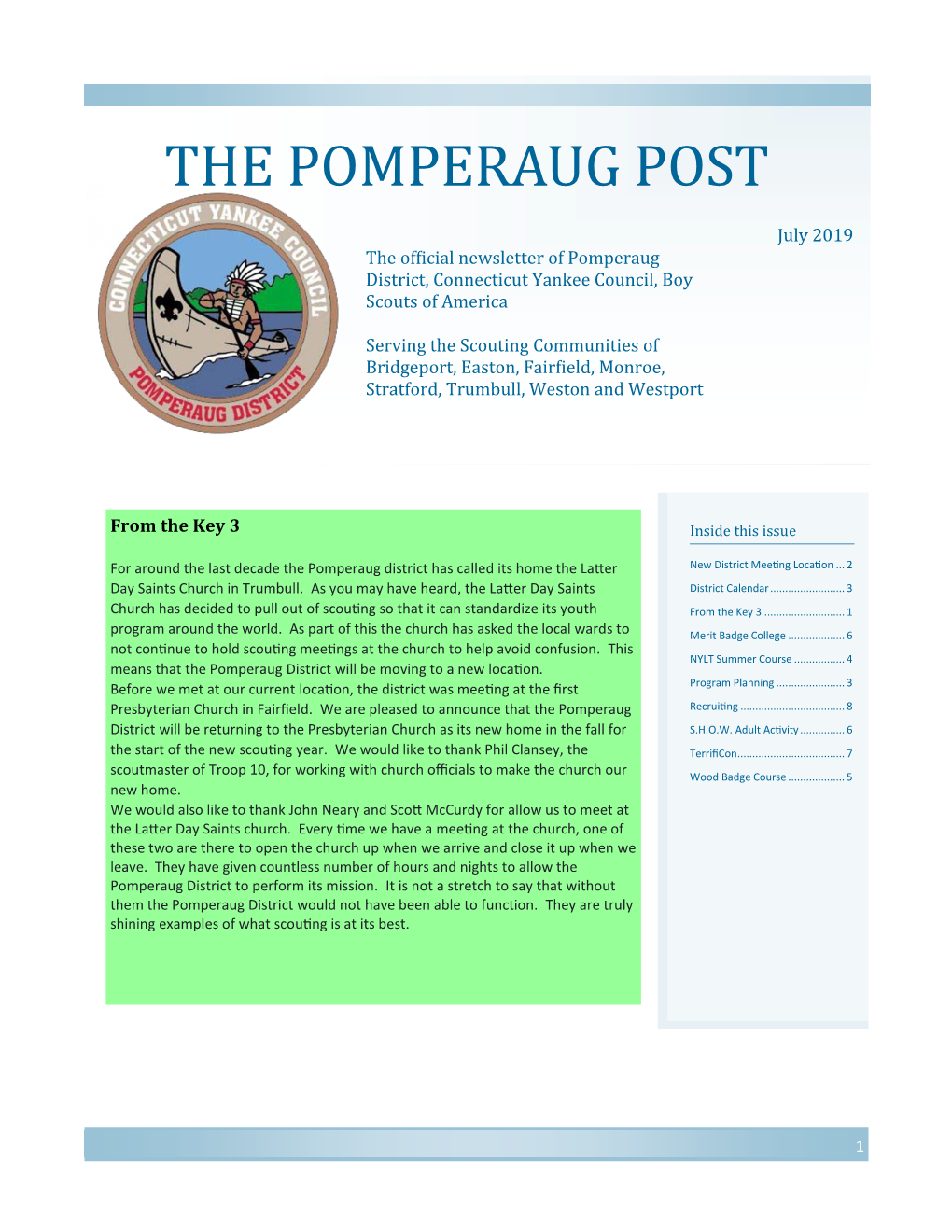 July 2019 the Official Newsletter of Pomperaug District, Connecticut Yankee Council, Boy Scouts of America