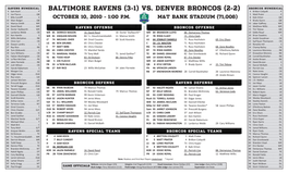 BALTIMORE RAVENS (3-1) Vs. DENVER BRONCOS (2-2) BRONCOS NUMERICAL 4 Sam Koch