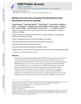 Metagenomic Discovery of Polybrominated Diphenyl Ether Biosynthesis by Marine Sponges