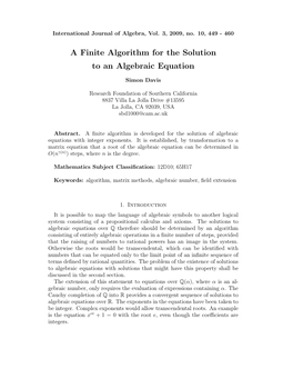 A Finite Algorithm for the Solution to an Algebraic Equation